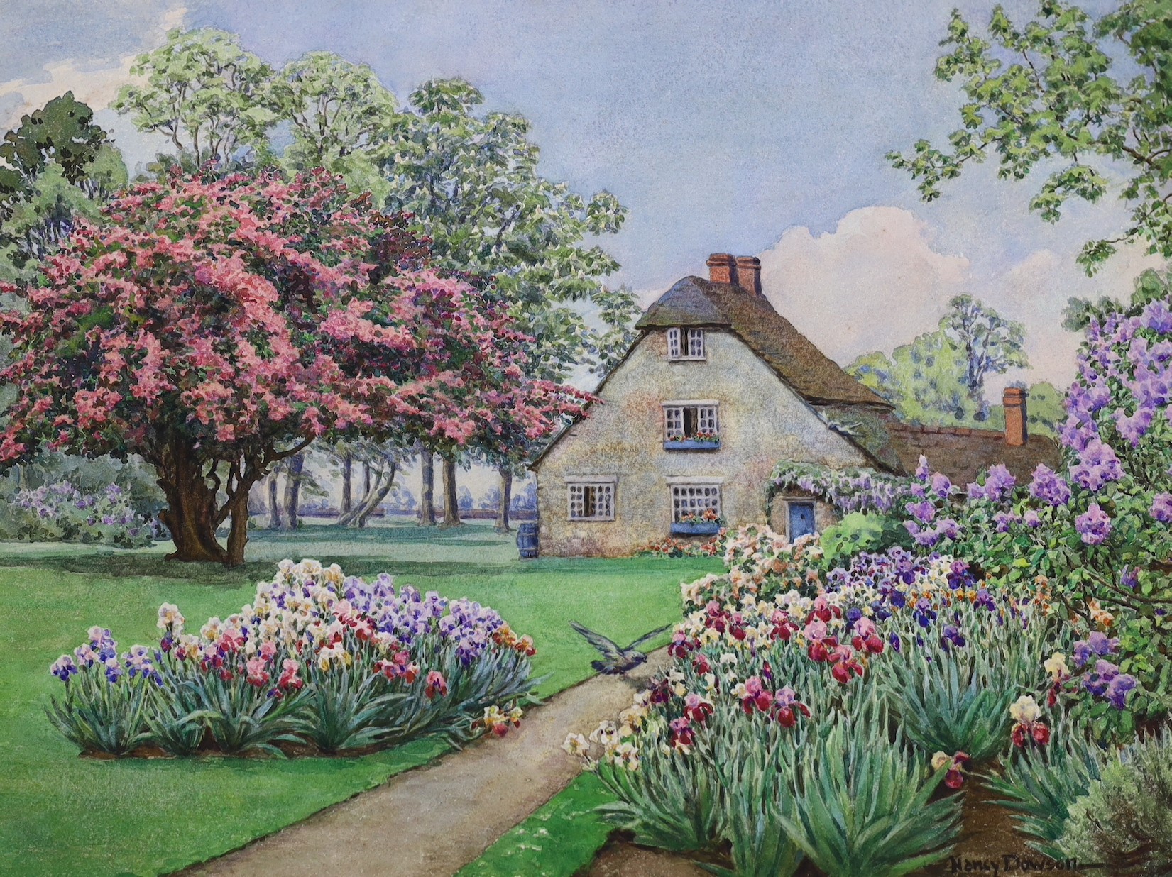 Nancy Dowson, British School, two watercolours, country gardens, signed, unframed, 30 x 40cm